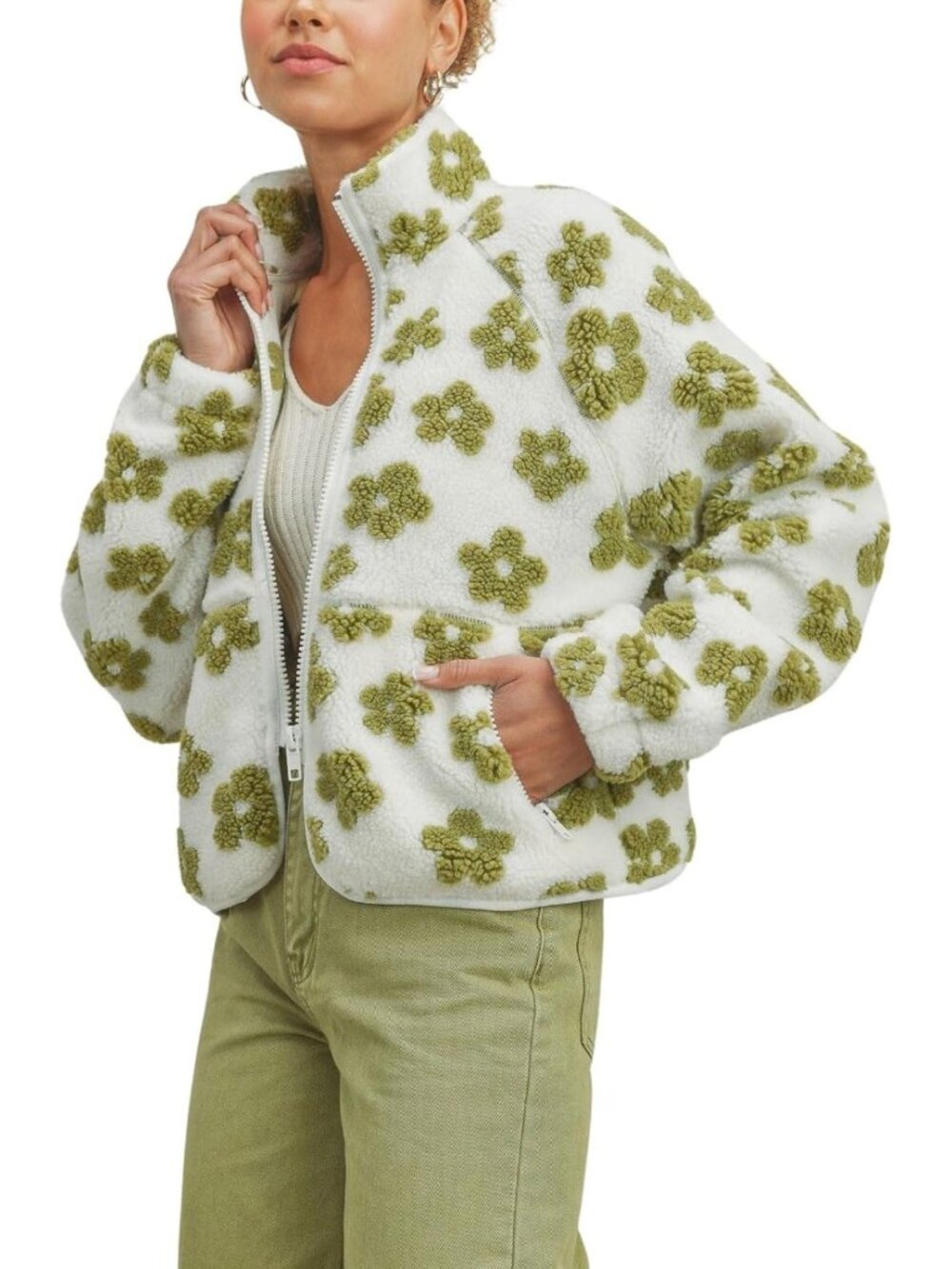 Cozy Floral Fleece Jacket - Cute Zip-Up Sherpa Coat for Fall & Winter Wear